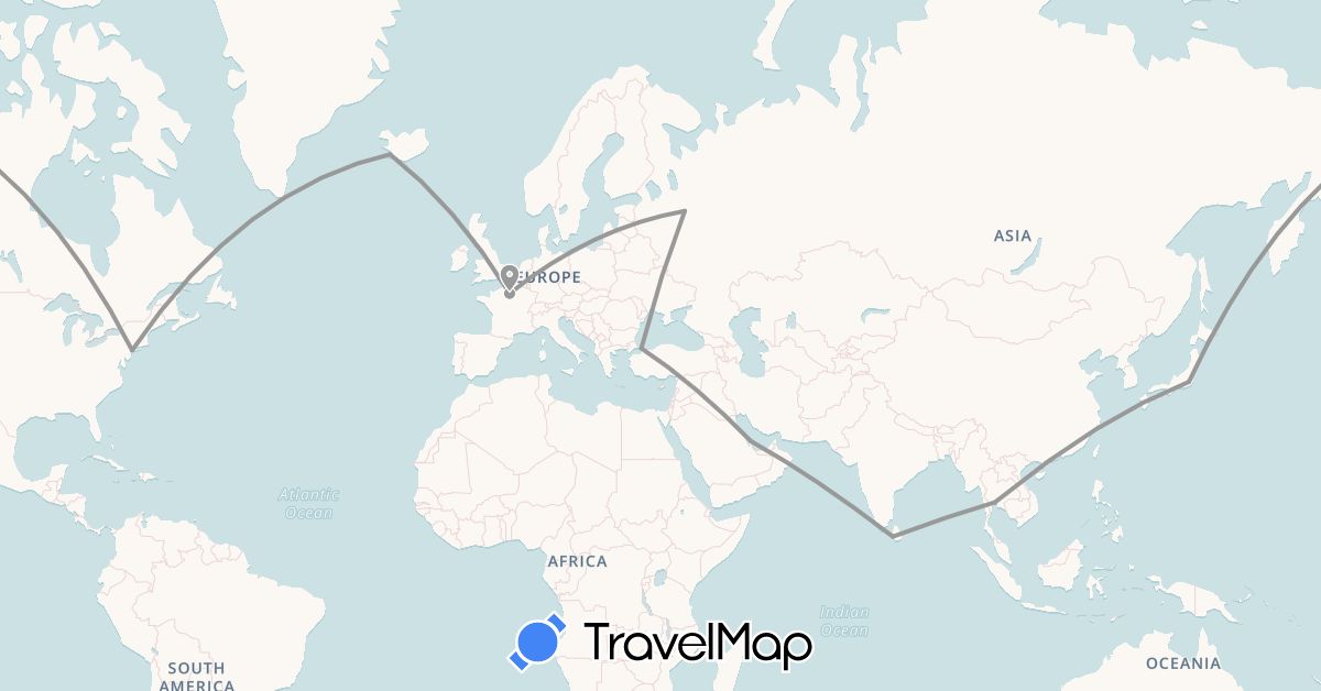 TravelMap itinerary: plane in France, Iceland, Japan, Sri Lanka, Qatar, Russia, Thailand, Turkey, United States (Asia, Europe, North America)