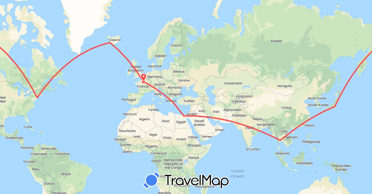TravelMap itinerary: train, hiking in Egypt, France, Greece, Iceland, Japan, Kuwait, Thailand, United States (Africa, Asia, Europe, North America)